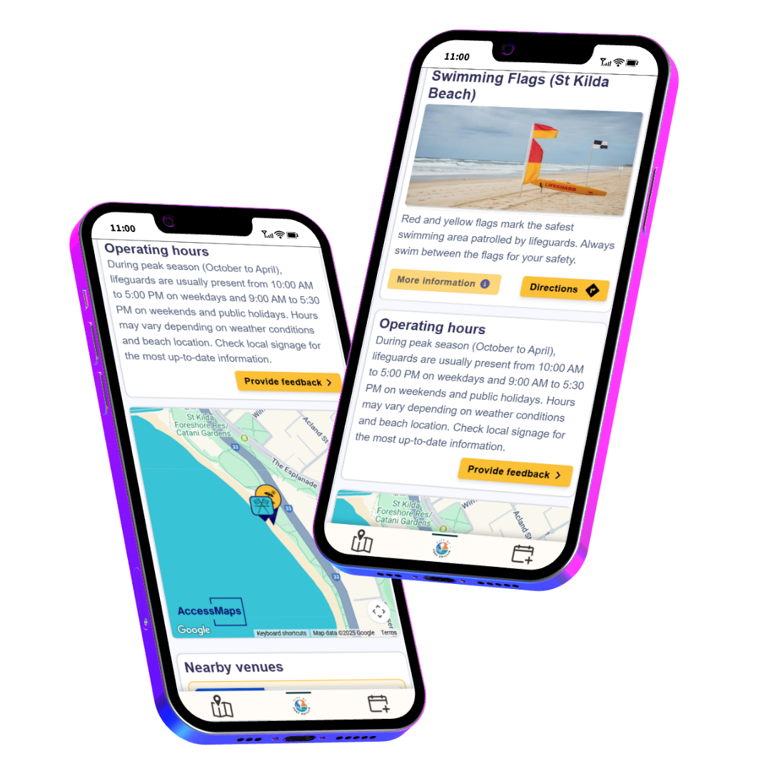 Two smartphones with images of Access Maps being used to find local beaches
